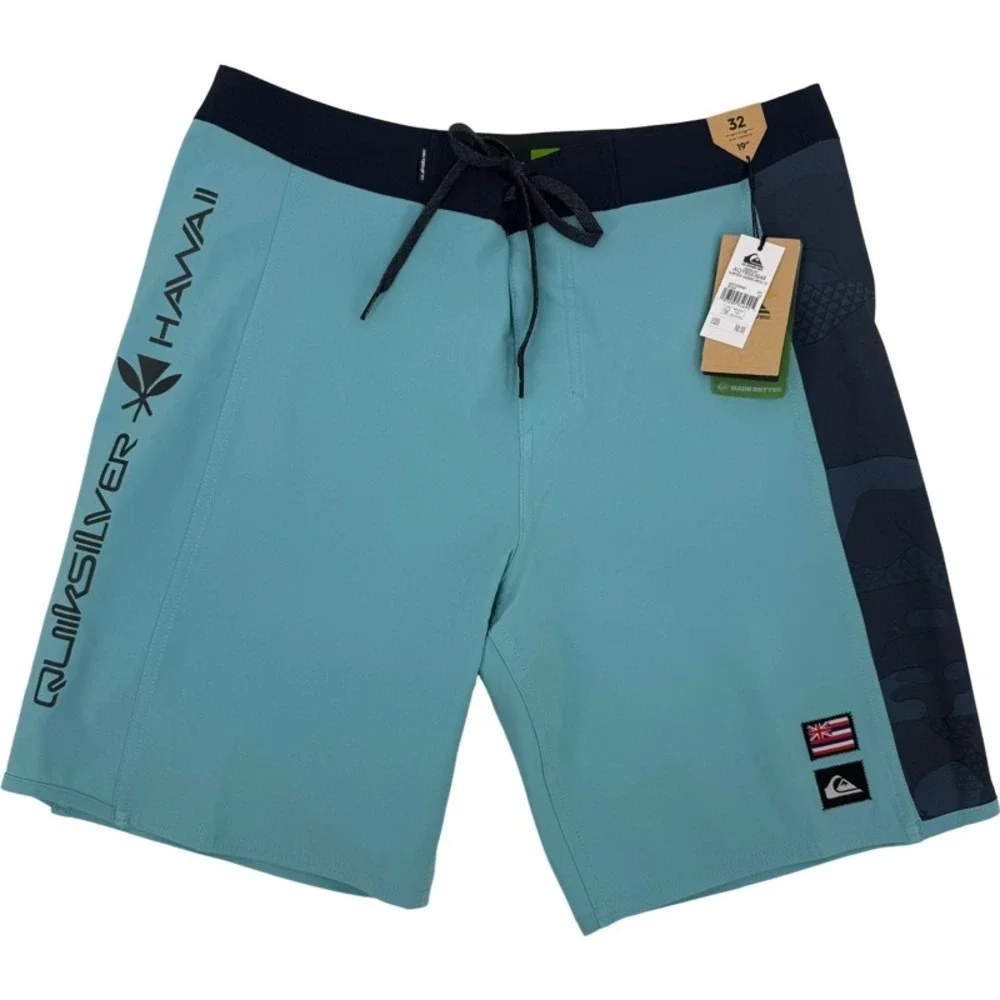 QUIKSILVER NEW 32 Boardshorts Blue SurfSilk Hawaii Arch 19 Mid Length Swim Trunk